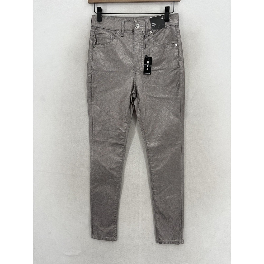Express Skinny High Rise Jeans Womens 0 Silver Metallic Coated Stretch Preppy